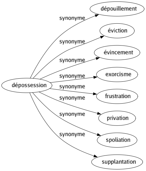 Synonyme de Dépossession : Dépouillement Éviction Évincement Exorcisme Frustration Privation Spoliation Supplantation 