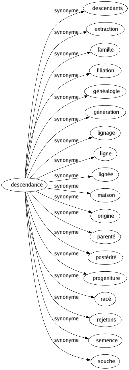 Synonyme de Descendance : Descendants Extraction Famille Filiation Généalogie Génération Lignage Ligne Lignée Maison Origine Parenté Postérité Progéniture Racé Rejetons Semence Souche 