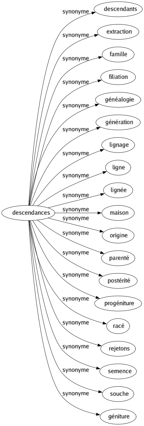 Synonyme de Descendances : Descendants Extraction Famille Filiation Généalogie Génération Lignage Ligne Lignée Maison Origine Parenté Postérité Progéniture Racé Rejetons Semence Souche Géniture 