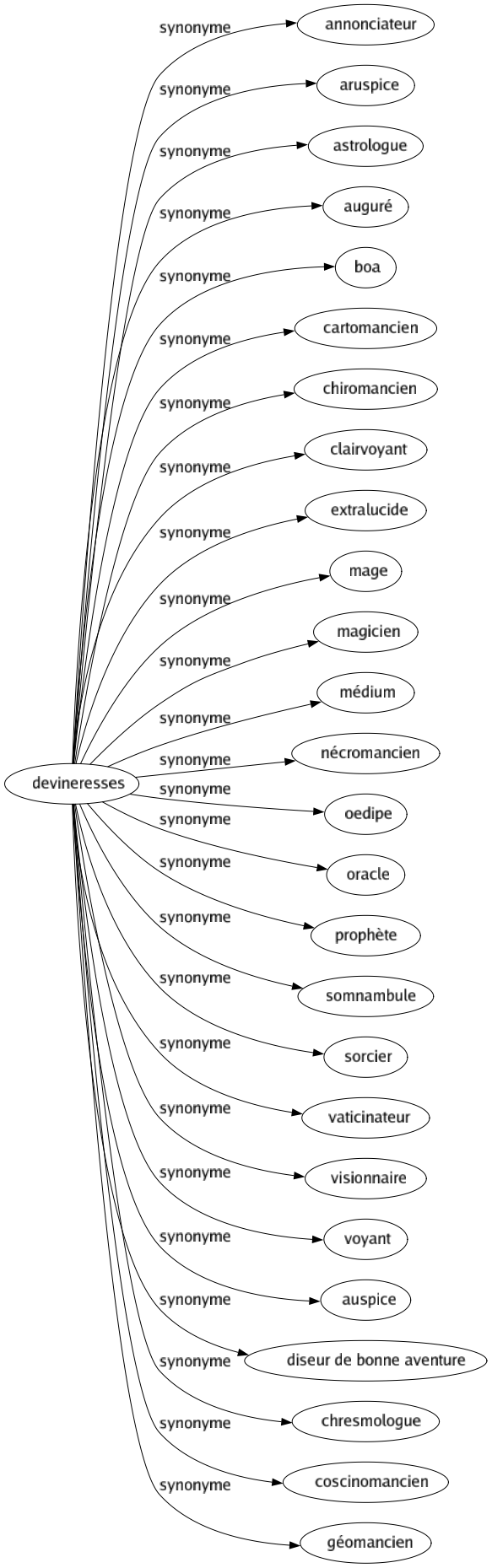 Synonyme de Devineresses : Annonciateur Aruspice Astrologue Auguré Boa Cartomancien Chiromancien Clairvoyant Extralucide Mage Magicien Médium Nécromancien Oedipe Oracle Prophète Somnambule Sorcier Vaticinateur Visionnaire Voyant Auspice Diseur de bonne aventure Chresmologue Coscinomancien Géomancien 