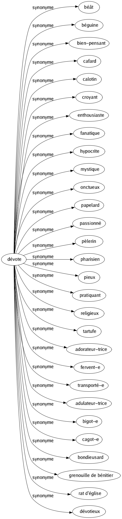 Synonyme de Dévote : Béât Béguine Bien-pensant Cafard Calotin Croyant Enthousiaste Fanatique Hypocrite Mystique Onctueux Papelard Passionné Pèlerin Pharisien Pieux Pratiquant Religieux Tartufe Adorateur-trice Fervent-e Transporté-e Adulateur-trice Bigot-e Cagot-e Bondieusard Grenouille de bénitier Rat d'église Dévotieux 