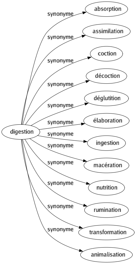 Synonyme de Digestion : Absorption Assimilation Coction Décoction Déglutition Élaboration Ingestion Macération Nutrition Rumination Transformation Animalisation 