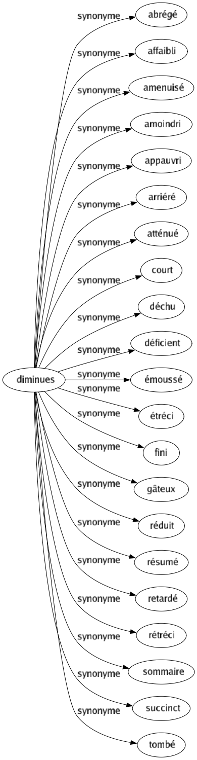 Synonyme de Diminues : Abrégé Affaibli Amenuisé Amoindri Appauvri Arriéré Atténué Court Déchu Déficient Émoussé Étréci Fini Gâteux Réduit Résumé Retardé Rétréci Sommaire Succinct Tombé 