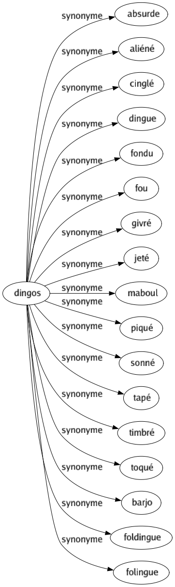 Synonyme de Dingos : Absurde Aliéné Cinglé Dingue Fondu Fou Givré Jeté Maboul Piqué Sonné Tapé Timbré Toqué Barjo Foldingue Folingue 