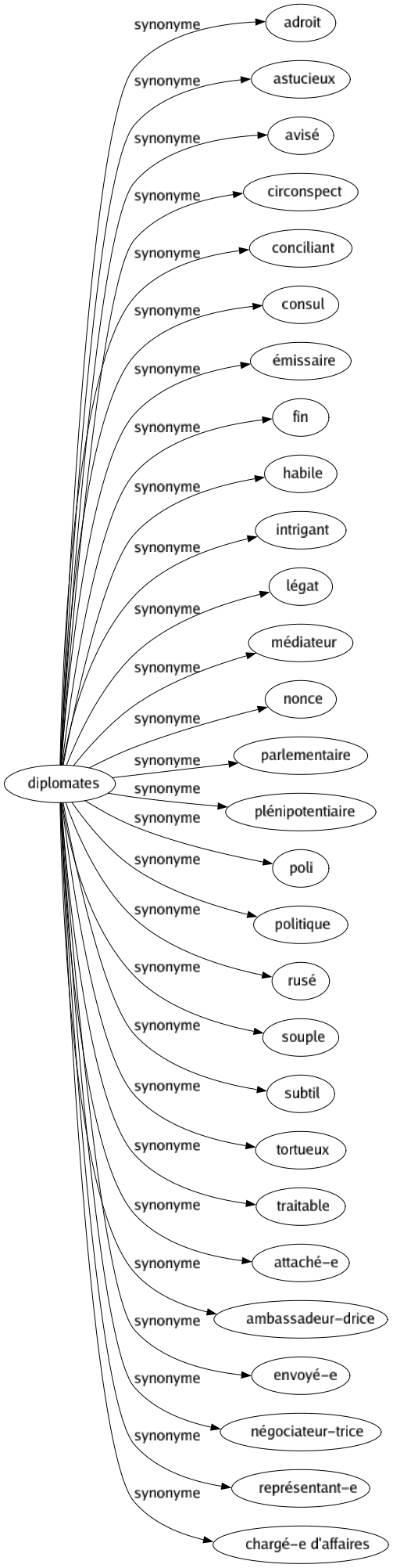 Synonyme de Diplomates : Adroit Astucieux Avisé Circonspect Conciliant Consul Émissaire Fin Habile Intrigant Légat Médiateur Nonce Parlementaire Plénipotentiaire Poli Politique Rusé Souple Subtil Tortueux Traitable Attaché-e Ambassadeur-drice Envoyé-e Négociateur-trice Représentant-e Chargé-e d'affaires 