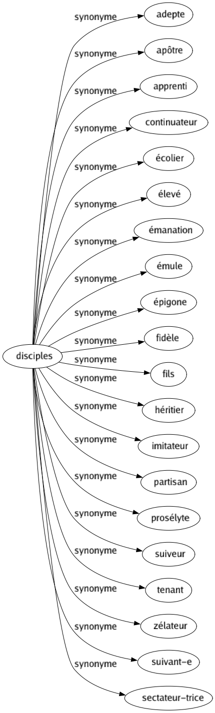 Synonyme de Disciples : Adepte Apôtre Apprenti Continuateur Écolier Élevé Émanation Émule Épigone Fidèle Fils Héritier Imitateur Partisan Prosélyte Suiveur Tenant Zélateur Suivant-e Sectateur-trice 