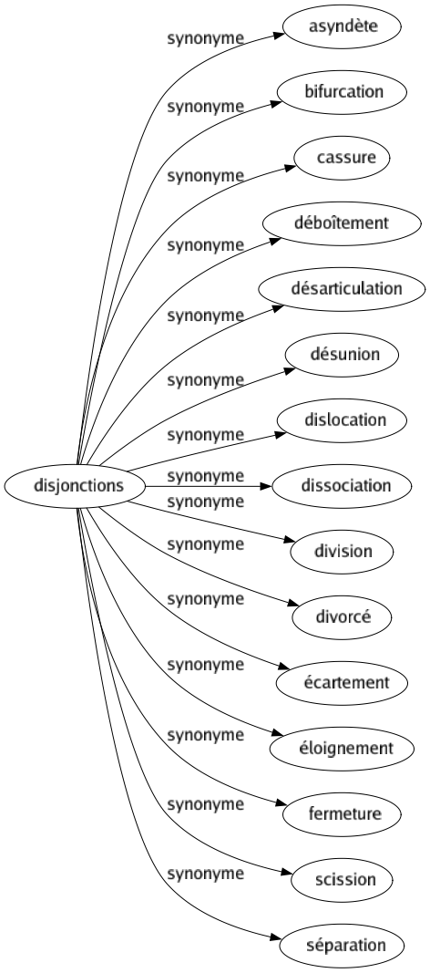 Synonyme de Disjonctions : Asyndète Bifurcation Cassure Déboîtement Désarticulation Désunion Dislocation Dissociation Division Divorcé Écartement Éloignement Fermeture Scission Séparation 