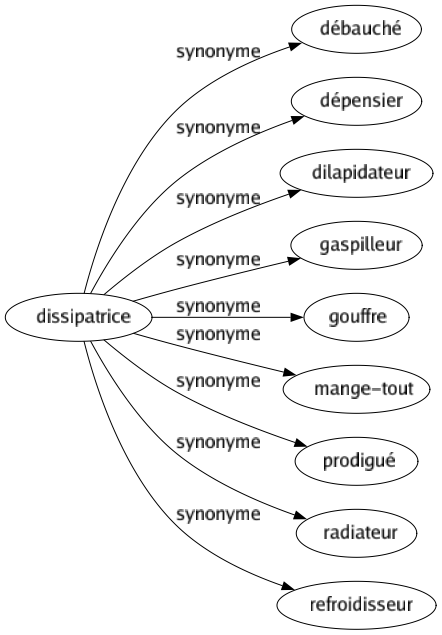 Synonyme de Dissipatrice : Débauché Dépensier Dilapidateur Gaspilleur Gouffre Mange-tout Prodigué Radiateur Refroidisseur 