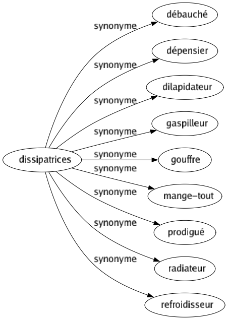 Synonyme de Dissipatrices : Débauché Dépensier Dilapidateur Gaspilleur Gouffre Mange-tout Prodigué Radiateur Refroidisseur 