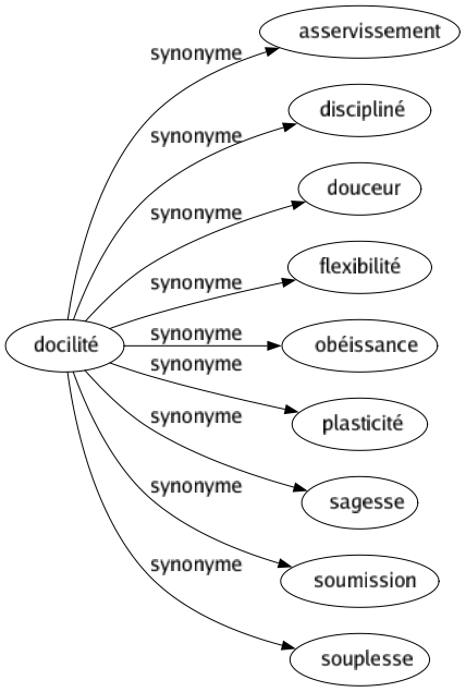 Synonyme de Docilité : Asservissement Discipliné Douceur Flexibilité Obéissance Plasticité Sagesse Soumission Souplesse 