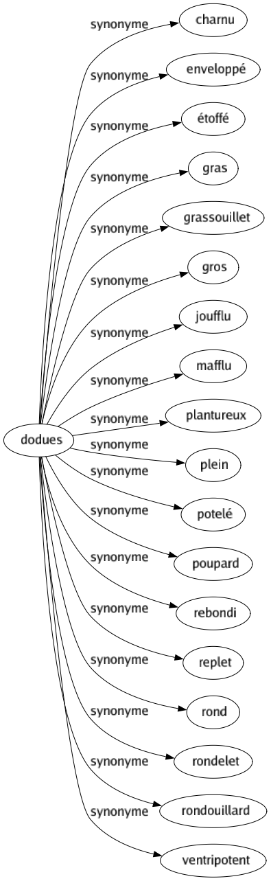 Synonyme de Dodues : Charnu Enveloppé Étoffé Gras Grassouillet Gros Joufflu Mafflu Plantureux Plein Potelé Poupard Rebondi Replet Rond Rondelet Rondouillard Ventripotent 