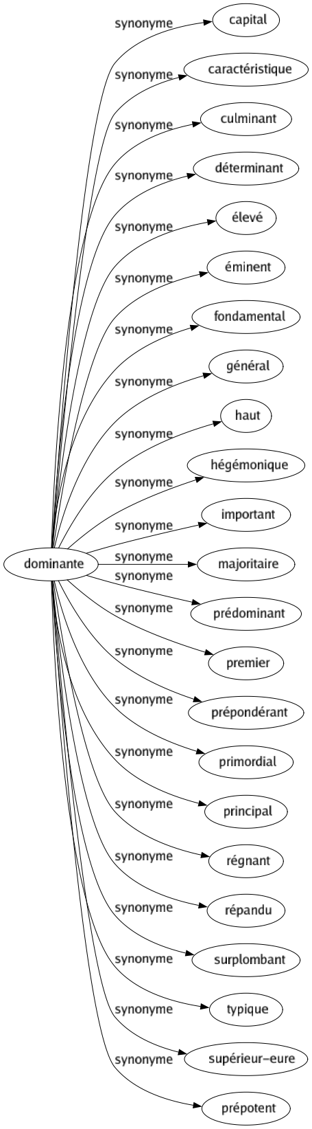 Synonyme de Dominante : Capital Caractéristique Culminant Déterminant Élevé Éminent Fondamental Général Haut Hégémonique Important Majoritaire Prédominant Premier Prépondérant Primordial Principal Régnant Répandu Surplombant Typique Supérieur-eure Prépotent 