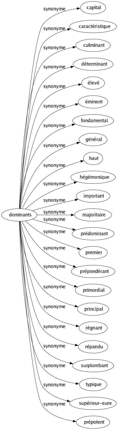 Synonyme de Dominants : Capital Caractéristique Culminant Déterminant Élevé Éminent Fondamental Général Haut Hégémonique Important Majoritaire Prédominant Premier Prépondérant Primordial Principal Régnant Répandu Surplombant Typique Supérieur-eure Prépotent 