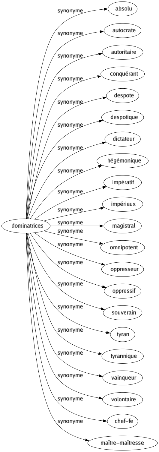 Synonyme de Dominatrices : Absolu Autocrate Autoritaire Conquérant Despote Despotique Dictateur Hégémonique Impératif Impérieux Magistral Omnipotent Oppresseur Oppressif Souverain Tyran Tyrannique Vainqueur Volontaire Chef-fe Maître-maîtresse 