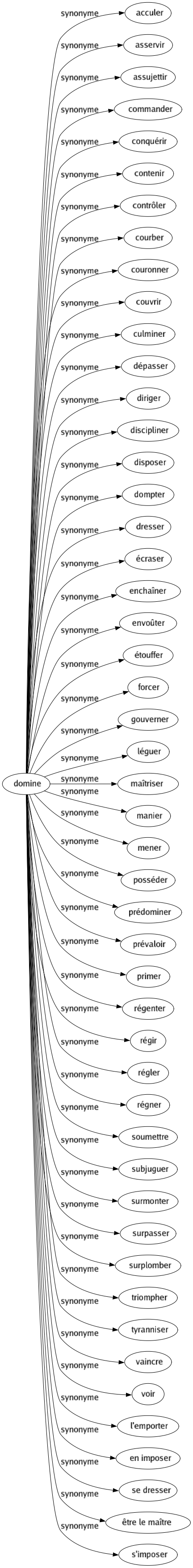 Synonyme de Domine : Acculer Asservir Assujettir Commander Conquérir Contenir Contrôler Courber Couronner Couvrir Culminer Dépasser Diriger Discipliner Disposer Dompter Dresser Écraser Enchaîner Envoûter Étouffer Forcer Gouverner Léguer Maîtriser Manier Mener Posséder Prédominer Prévaloir Primer Régenter Régir Régler Régner Soumettre Subjuguer Surmonter Surpasser Surplomber Triompher Tyranniser Vaincre Voir L'emporter En imposer Se dresser Être le maître S'imposer 