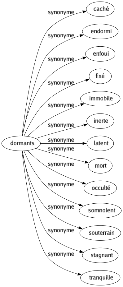 Synonyme de Dormants : Caché Endormi Enfoui Fixé Immobile Inerte Latent Mort Occulté Somnolent Souterrain Stagnant Tranquille 