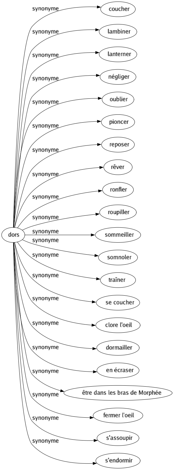 Synonyme de Dors : Coucher Lambiner Lanterner Négliger Oublier Pioncer Reposer Rêver Ronfler Roupiller Sommeiller Somnoler Traîner Se coucher Clore l'oeil Dormailler En écraser Être dans les bras de morphée Fermer l'oeil S'assoupir S'endormir 