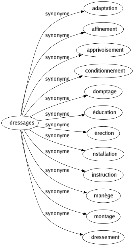 Synonyme de Dressages : Adaptation Affinement Apprivoisement Conditionnement Domptage Éducation Érection Installation Instruction Manège Montage Dressement 