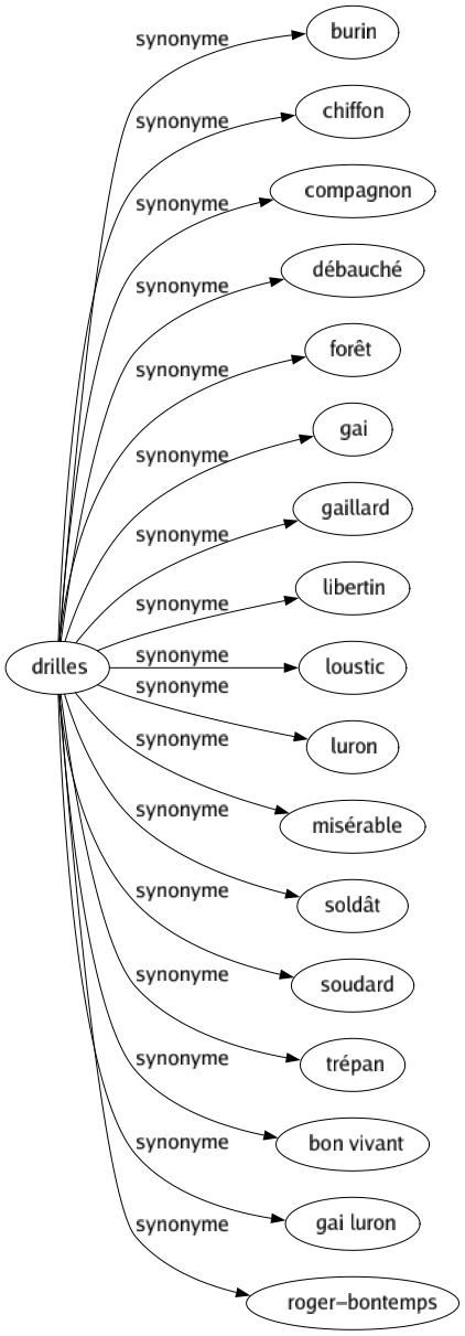 Synonyme de Drilles : Burin Chiffon Compagnon Débauché Forêt Gai Gaillard Libertin Loustic Luron Misérable Soldât Soudard Trépan Bon vivant Gai luron Roger-bontemps 