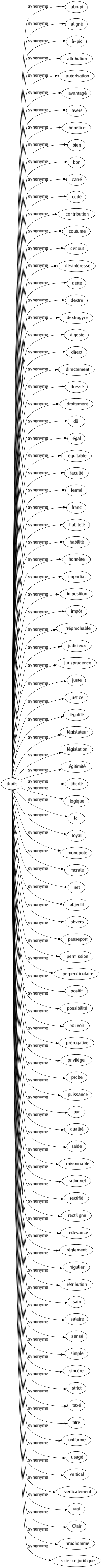 Synonyme de Droits : Abrupt Aligné À-pic Attribution Autorisation Avantagé Avers Bénéfice Bien Bon Carré Codé Contribution Coutume Debout Désintéressé Dette Dextre Dextrogyre Digeste Direct Directement Dressé Droitement Dû Égal Équitable Faculté Fermé Franc Habileté Habilité Honnête Impartial Imposition Impôt Irréprochable Judicieux Jurisprudence Juste Justice Légalité Législateur Législation Légitimité Liberté Logique Loi Loyal Monopole Morale Net Objectif Obvers Passeport Permission Perpendiculaire Positif Possibilité Pouvoir Prérogative Privilège Probe Puissance Pur Qualité Raide Raisonnable Rationnel Rectifié Rectiligne Redevance Règlement Régulier Rétribution Sain Salaire Sensé Simple Sincère Strict Taxé Titré Uniforme Usagé Vertical Verticalement Vrai Clair Prudhomme Science juridique 