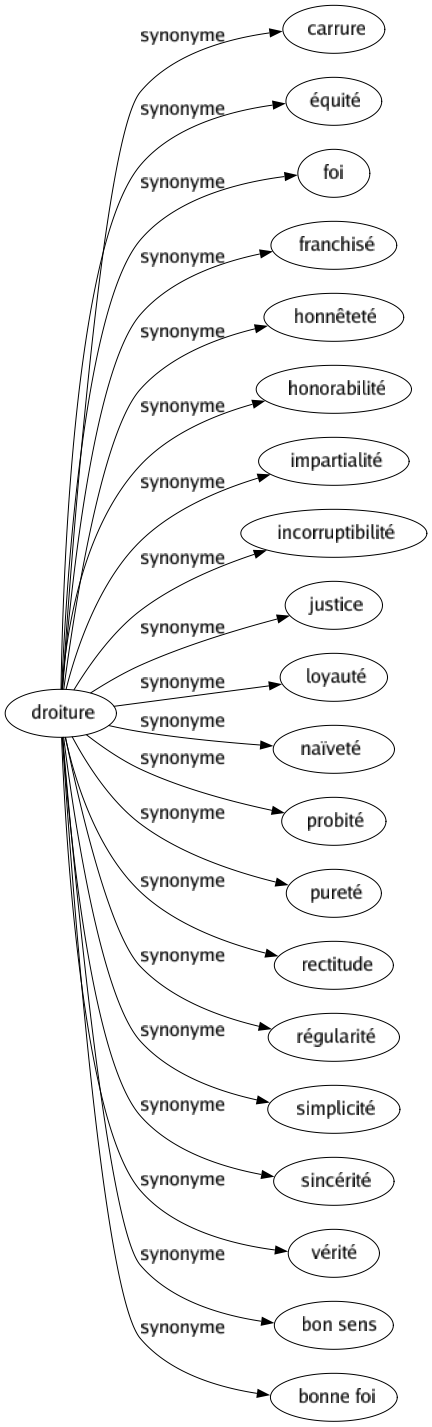 Synonyme de Droiture : Carrure Équité Foi Franchisé Honnêteté Honorabilité Impartialité Incorruptibilité Justice Loyauté Naïveté Probité Pureté Rectitude Régularité Simplicité Sincérité Vérité Bon sens Bonne foi 