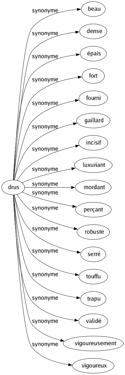 Synonyme de Drus : Beau Dense Épais Fort Fourni Gaillard Incisif Luxuriant Mordant Perçant Robuste Serré Touffu Trapu Validé Vigoureusement Vigoureux 