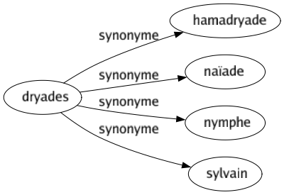 Synonyme de Dryades : Hamadryade Naïade Nymphe Sylvain 