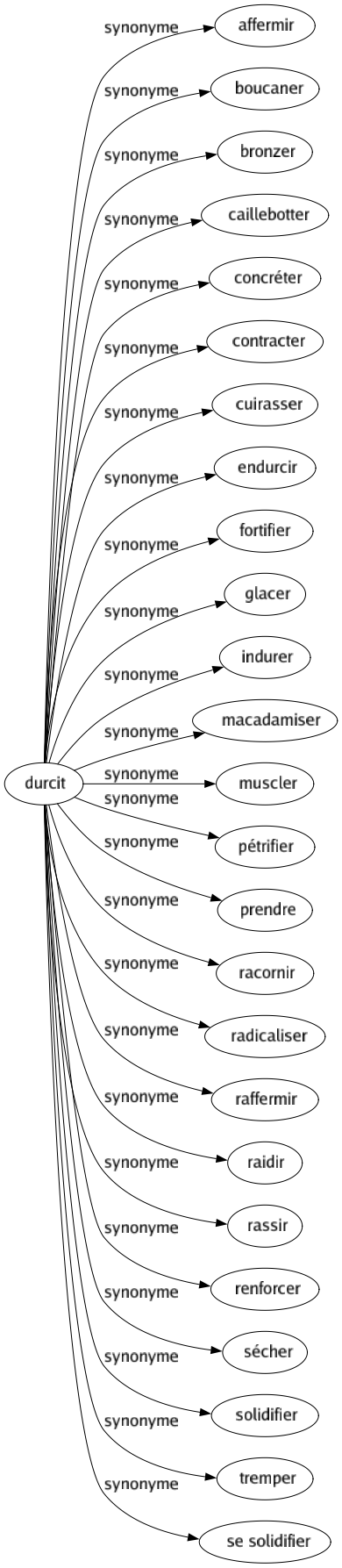 Synonyme de Durcit : Affermir Boucaner Bronzer Caillebotter Concréter Contracter Cuirasser Endurcir Fortifier Glacer Indurer Macadamiser Muscler Pétrifier Prendre Racornir Radicaliser Raffermir Raidir Rassir Renforcer Sécher Solidifier Tremper Se solidifier 