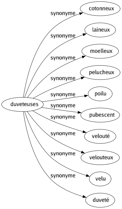 Synonyme de Duveteuses : Cotonneux Laineux Moelleux Pelucheux Poilu Pubescent Velouté Velouteux Velu Duveté 