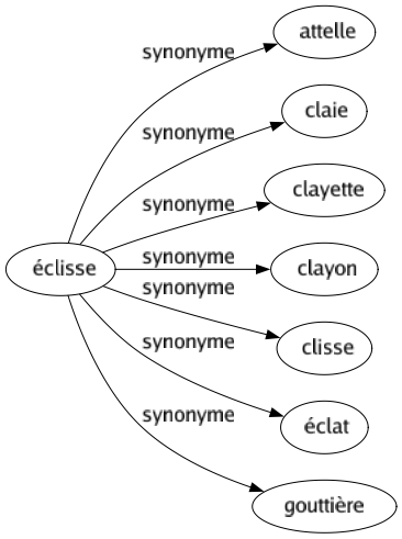 Synonyme de Éclisse : Attelle Claie Clayette Clayon Clisse Éclat Gouttière 