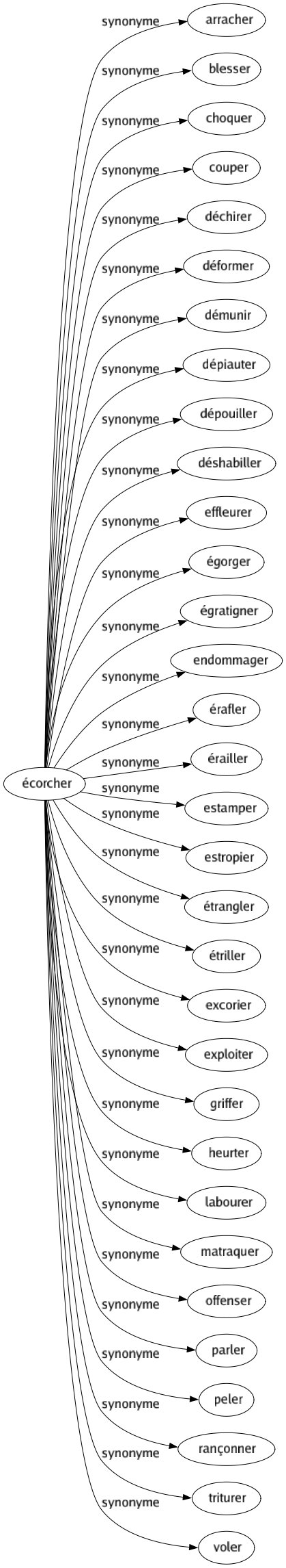 Synonyme de Écorcher : Arracher Blesser Choquer Couper Déchirer Déformer Démunir Dépiauter Dépouiller Déshabiller Effleurer Égorger Égratigner Endommager Érafler Érailler Estamper Estropier Étrangler Étriller Excorier Exploiter Griffer Heurter Labourer Matraquer Offenser Parler Peler Rançonner Triturer Voler 