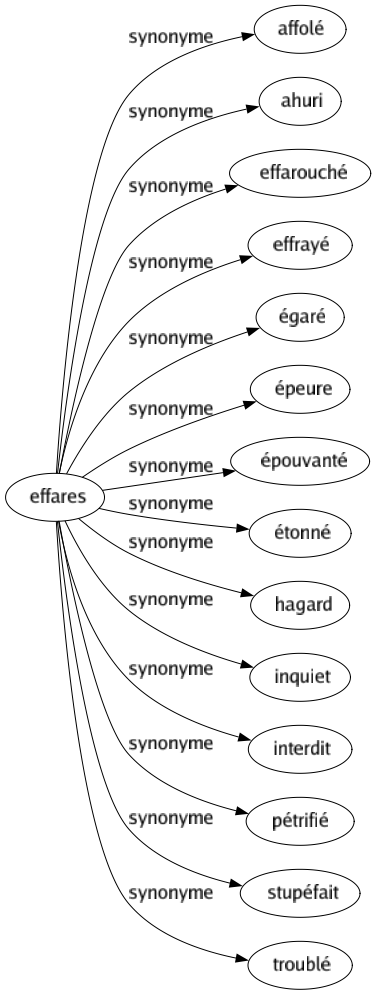 Synonyme de Effares : Affolé Ahuri Effarouché Effrayé Égaré Épeure Épouvanté Étonné Hagard Inquiet Interdit Pétrifié Stupéfait Troublé 