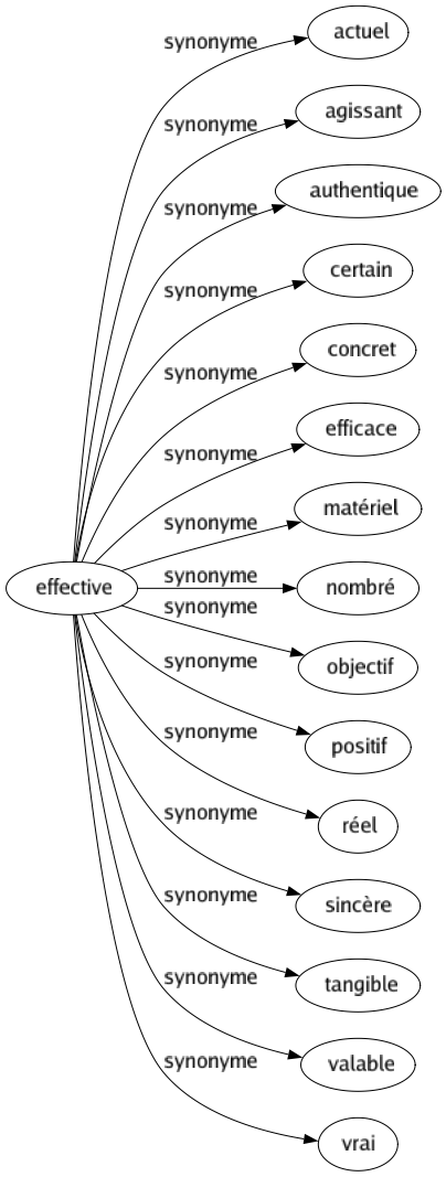 Synonyme de Effective : Actuel Agissant Authentique Certain Concret Efficace Matériel Nombré Objectif Positif Réel Sincère Tangible Valable Vrai 