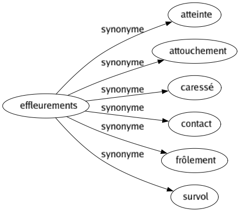 Synonyme de Effleurements : Atteinte Attouchement Caressé Contact Frôlement Survol 