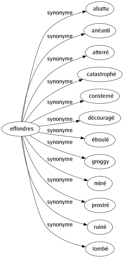 Synonyme de Effondres : Abattu Anéanti Atterré Catastrophé Consterné Découragé Éboulé Groggy Miné Prostré Ruiné Tombé 