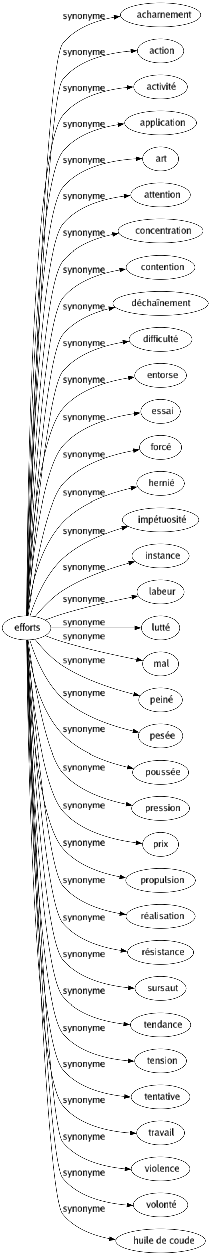 Synonyme de Efforts : Acharnement Action Activité Application Art Attention Concentration Contention Déchaînement Difficulté Entorse Essai Forcé Hernié Impétuosité Instance Labeur Lutté Mal Peiné Pesée Poussée Pression Prix Propulsion Réalisation Résistance Sursaut Tendance Tension Tentative Travail Violence Volonté Huile de coude 