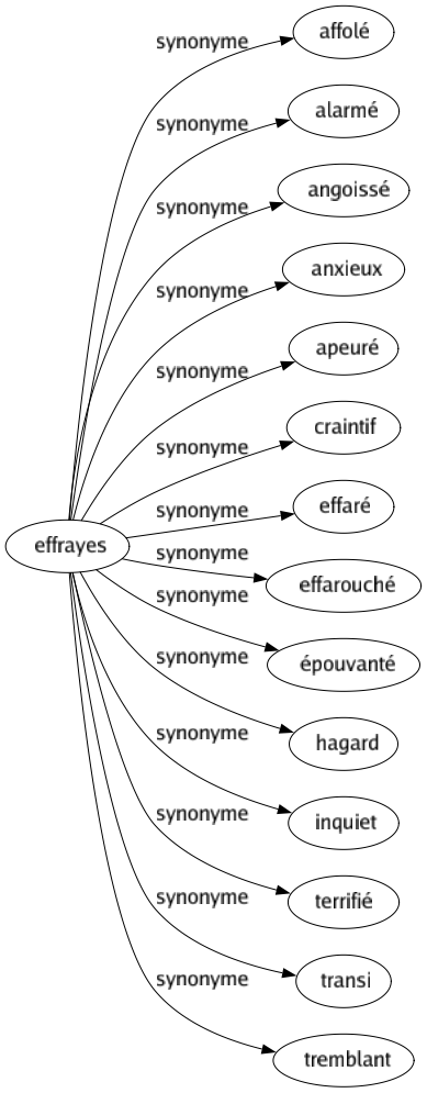 Synonyme de Effrayes : Affolé Alarmé Angoissé Anxieux Apeuré Craintif Effaré Effarouché Épouvanté Hagard Inquiet Terrifié Transi Tremblant 