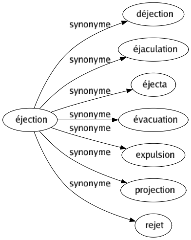 Synonyme de Éjection : Déjection Éjaculation Éjecta Évacuation Expulsion Projection Rejet 