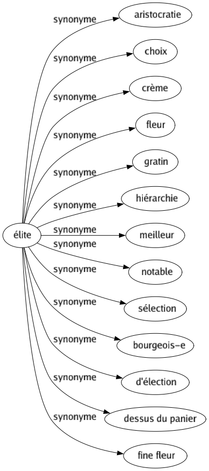 Synonyme de Élite : Aristocratie Choix Crème Fleur Gratin Hiérarchie Meilleur Notable Sélection Bourgeois-e D'élection Dessus du panier Fine fleur 