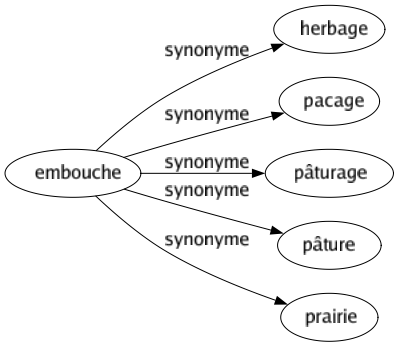 Synonyme de Embouche : Herbage Pacage Pâturage Pâture Prairie 