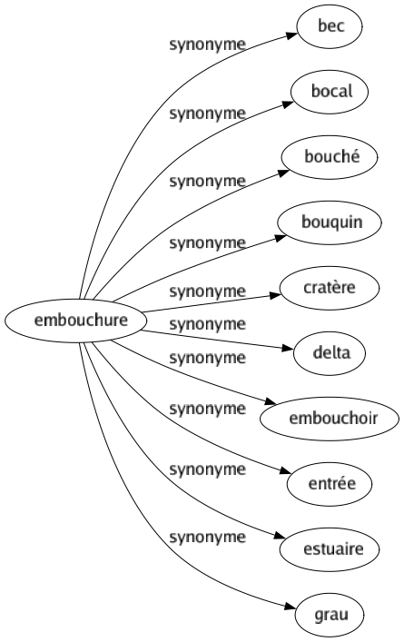 Synonyme de Embouchure : Bec Bocal Bouché Bouquin Cratère Delta Embouchoir Entrée Estuaire Grau 