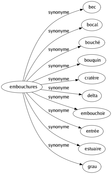 Synonyme de Embouchures : Bec Bocal Bouché Bouquin Cratère Delta Embouchoir Entrée Estuaire Grau 