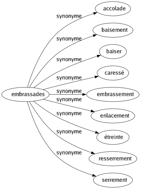 Synonyme de Embrassades : Accolade Baisement Baiser Caressé Embrassement Enlacement Étreinte Resserrement Serrement 