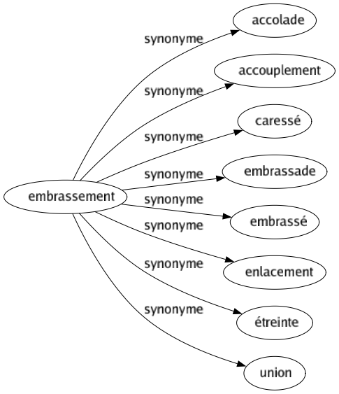 Synonyme de Embrassement : Accolade Accouplement Caressé Embrassade Embrassé Enlacement Étreinte Union 