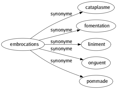 Synonyme de Embrocations : Cataplasme Fomentation Liniment Onguent Pommade 