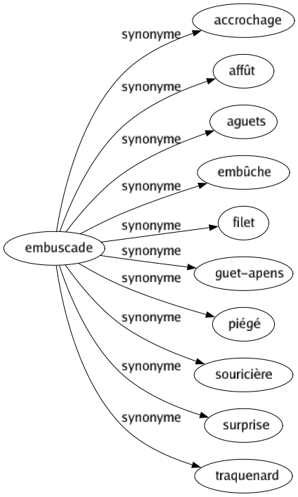 Synonyme de Embuscade : Accrochage Affût Aguets Embûche Filet Guet-apens Piégé Souricière Surprise Traquenard 