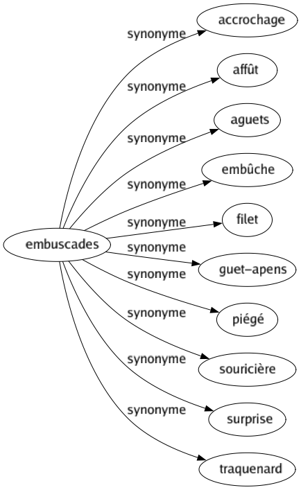 Synonyme de Embuscades : Accrochage Affût Aguets Embûche Filet Guet-apens Piégé Souricière Surprise Traquenard 