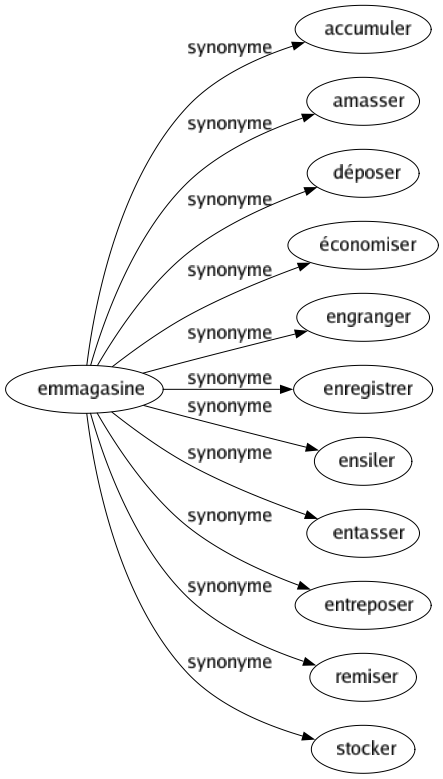 Synonyme de Emmagasine : Accumuler Amasser Déposer Économiser Engranger Enregistrer Ensiler Entasser Entreposer Remiser Stocker 