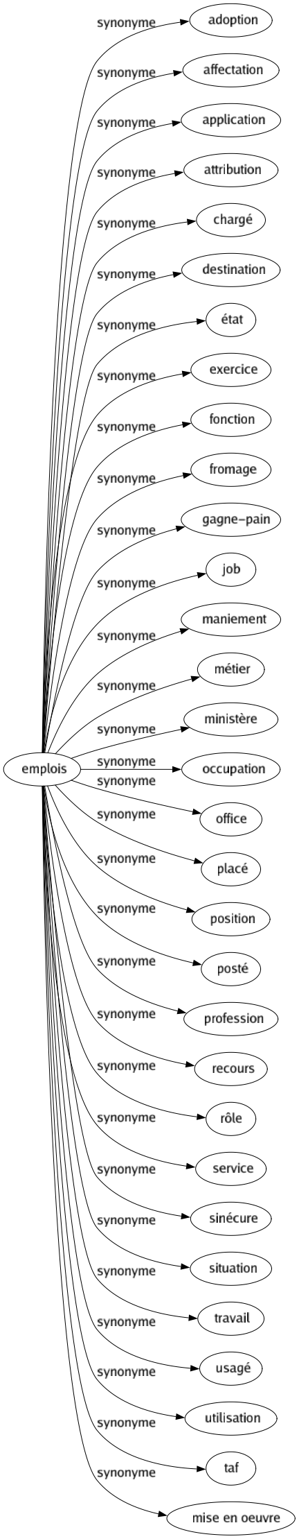 Synonyme de Emplois : Adoption Affectation Application Attribution Chargé Destination État Exercice Fonction Fromage Gagne-pain Job Maniement Métier Ministère Occupation Office Placé Position Posté Profession Recours Rôle Service Sinécure Situation Travail Usagé Utilisation Taf Mise en oeuvre 