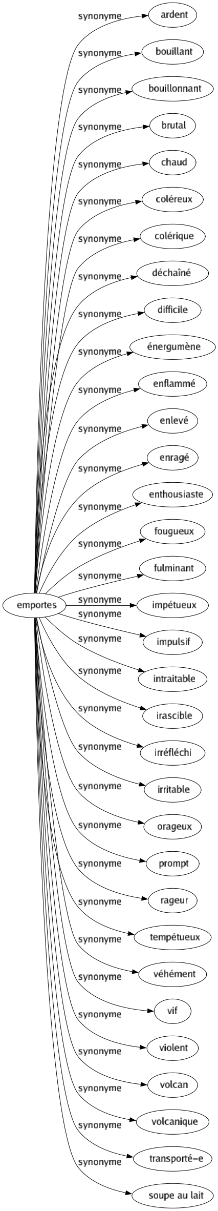 Synonyme de Emportes : Ardent Bouillant Bouillonnant Brutal Chaud Coléreux Colérique Déchaîné Difficile Énergumène Enflammé Enlevé Enragé Enthousiaste Fougueux Fulminant Impétueux Impulsif Intraitable Irascible Irréfléchi Irritable Orageux Prompt Rageur Tempétueux Véhément Vif Violent Volcan Volcanique Transporté-e Soupe au lait 